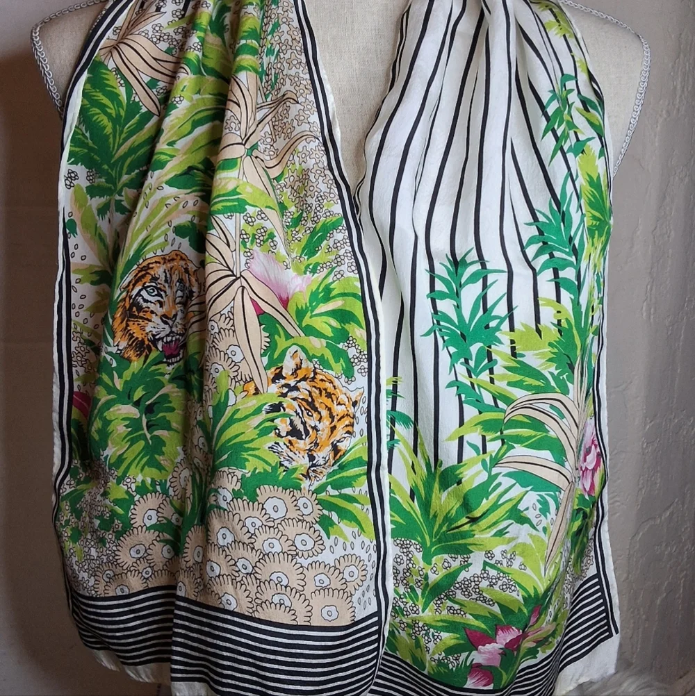 Vintage Silk Lush Jungle Motif Rectangular Scarf